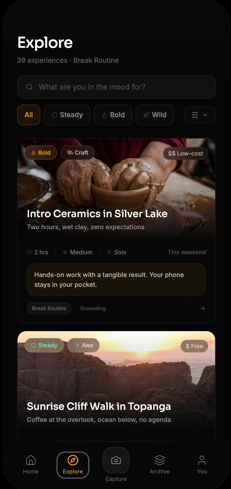 Lived Explore tab showing experience cards sorted by mood and energy