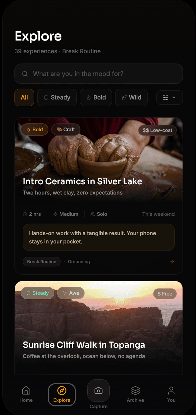 Lived Explore screen with curated experience recommendations
