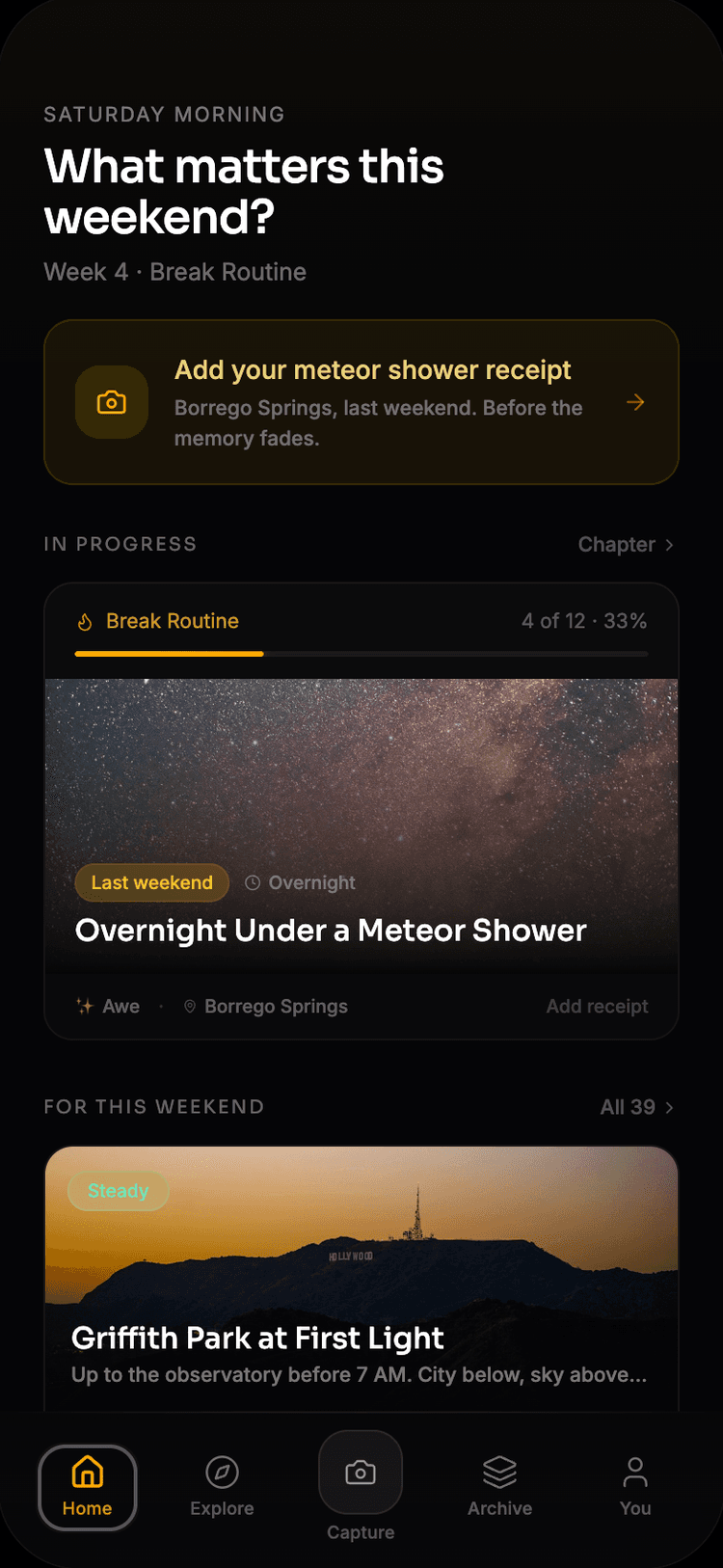 Lived app home screen — Saturday morning view with upcoming experiences