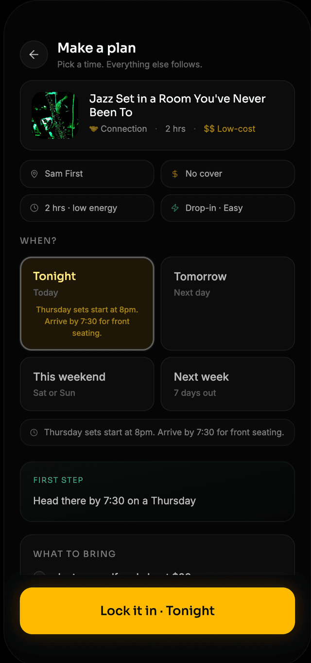 Lived app Make a Plan screen with scheduling and first step