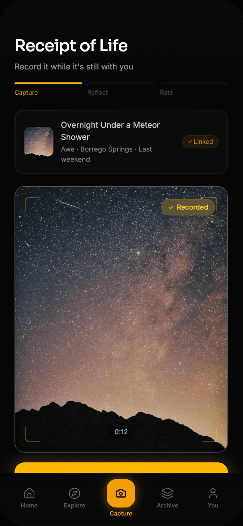 Lived Receipt of Life screen with starry night photo from Borrego Springs