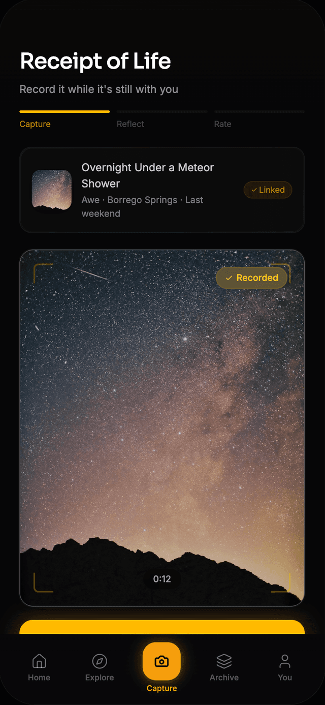 Lived app Receipt of Life screen with starry night photo